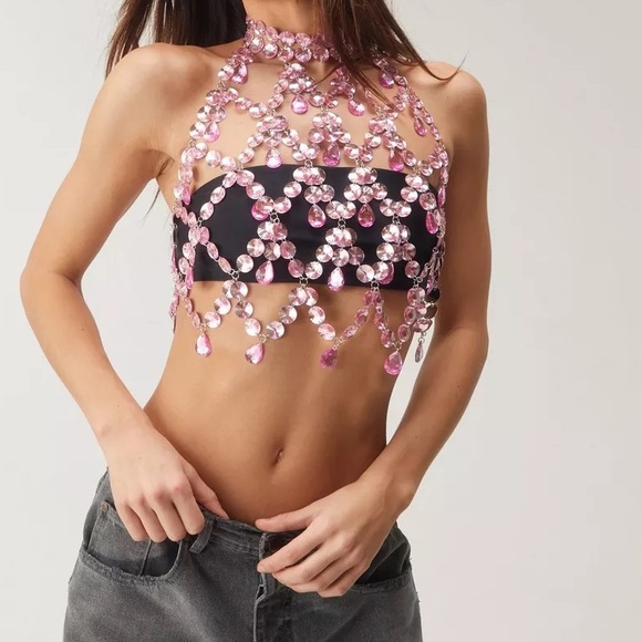 Nasty Gal Pink Halter Jewel Crop Top - Great for Festivals - Picture 3 of 5
